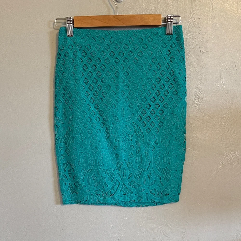 LOFT green teal lace pencil skirt